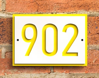 Custom yellow modern house numbers, Custom address sign horizontal plaque