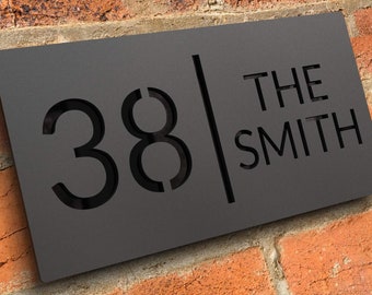 Modern floating house number sign, Custom matt black acrylic house numbers, Bespoke house address numbers sign plaque - Hollow Design