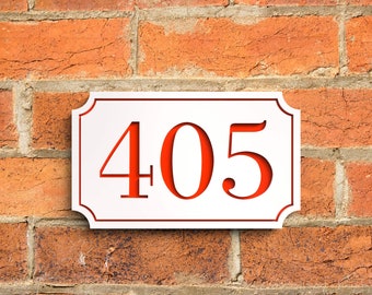 May include: White house number sign with red numbers, the number is 405.