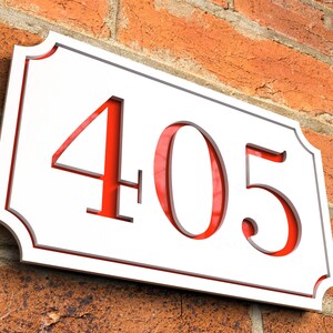 Numéros de porte flottants modernes, numéros de maison personnalisés, panneau de numéro de maison blanc mat et rouge brillant Design creux image 2