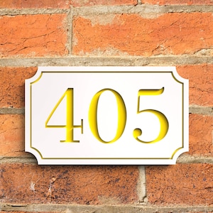 Modern Floating Door Numbers, Custom House Numbers, Matt White And Gloss Yello House Number Sign - Hollow Design