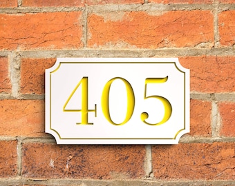 Modern Floating Door Numbers, Custom House Numbers, Matt White And Gloss Yello House Number Sign - Hollow Design