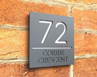 Numéros de porte flottants modernes, numéros de maison personnalisés, panneau de numéro de maison gris mat et blanc brillant - Design creux