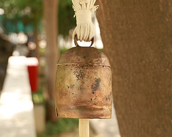 Handknotted Macramé Hanging Copper Bell 3" Dia - Blue (14")