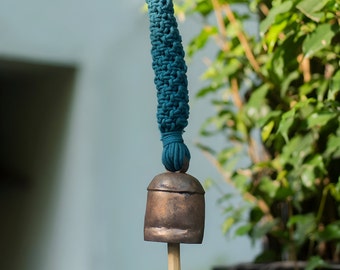 Handknotted Macramé Hanging Copper Bell 2" Dia - Blue (14")