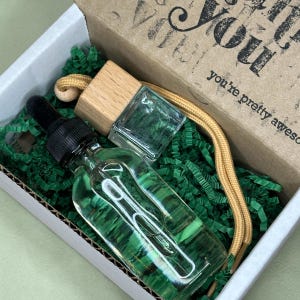 Puede incluir: Una botella de vidrio transparente con un cuentagotas negro y una tapa de madera, llena de líquido verde, está en una caja de cartón con relleno de papel verde. Una botella pequeña de vidrio transparente con tapa de madera y una cuerda amarilla también está en la caja. La caja tiene texto "You, you're pretty awesome."