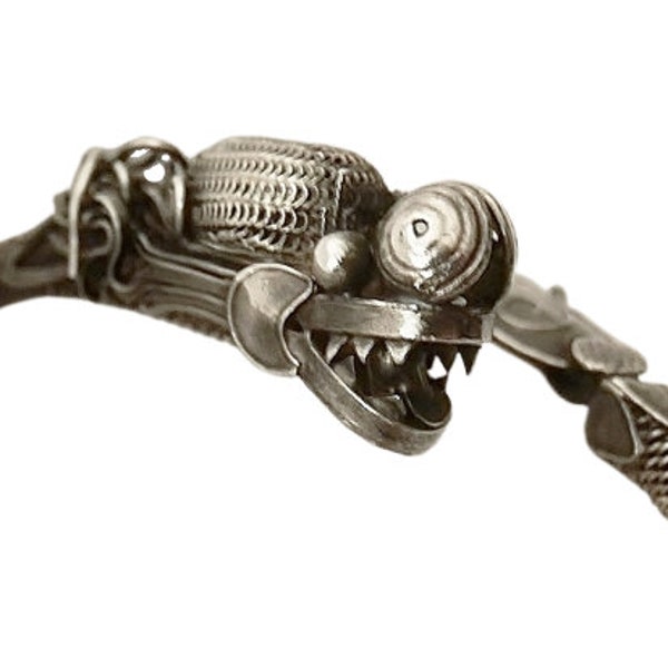 Antique Old Vintage Chinese Dragon Head Silver Metal Tribal Arm Cuff Adjustable Bangle Bracelet
