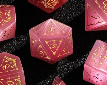 Full Cat's Eye DnD Dice Set, Dungeons & Dragons RPG Game Dice, Hand Carved Gemstone Dice, Original Design Pink Cat's Eye Polyhedral D20 Dice