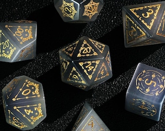 Full Set Cat's Eye DnD Dice Set,Dungeons and Dragons RPG Game Dice Hand carved Gemstone Dice,Gray CatEye Polyhedral D20 Dice Original Design