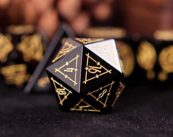 Engraved Obsidian DND Dice Set – Handmade Carving Purple Crystal for Dungeons & Dragons, RPG MTG Game Gift for Birthday