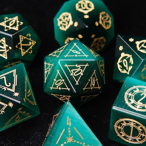 Dark Green DND Dice Set, Green Cat&#39;s Eye Sharp Edge D&D Dice Set, Dungeons and Dragons Polyhedral RPG Gemstone Dice Set
