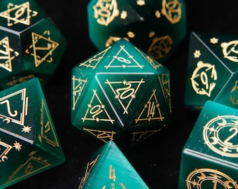 Dark Green DND Dice Set, Green Cat's Eye Sharp Edge D&D Dice Set, Dungeons and Dragons Polyhedral RPG Gemstone Dice Set