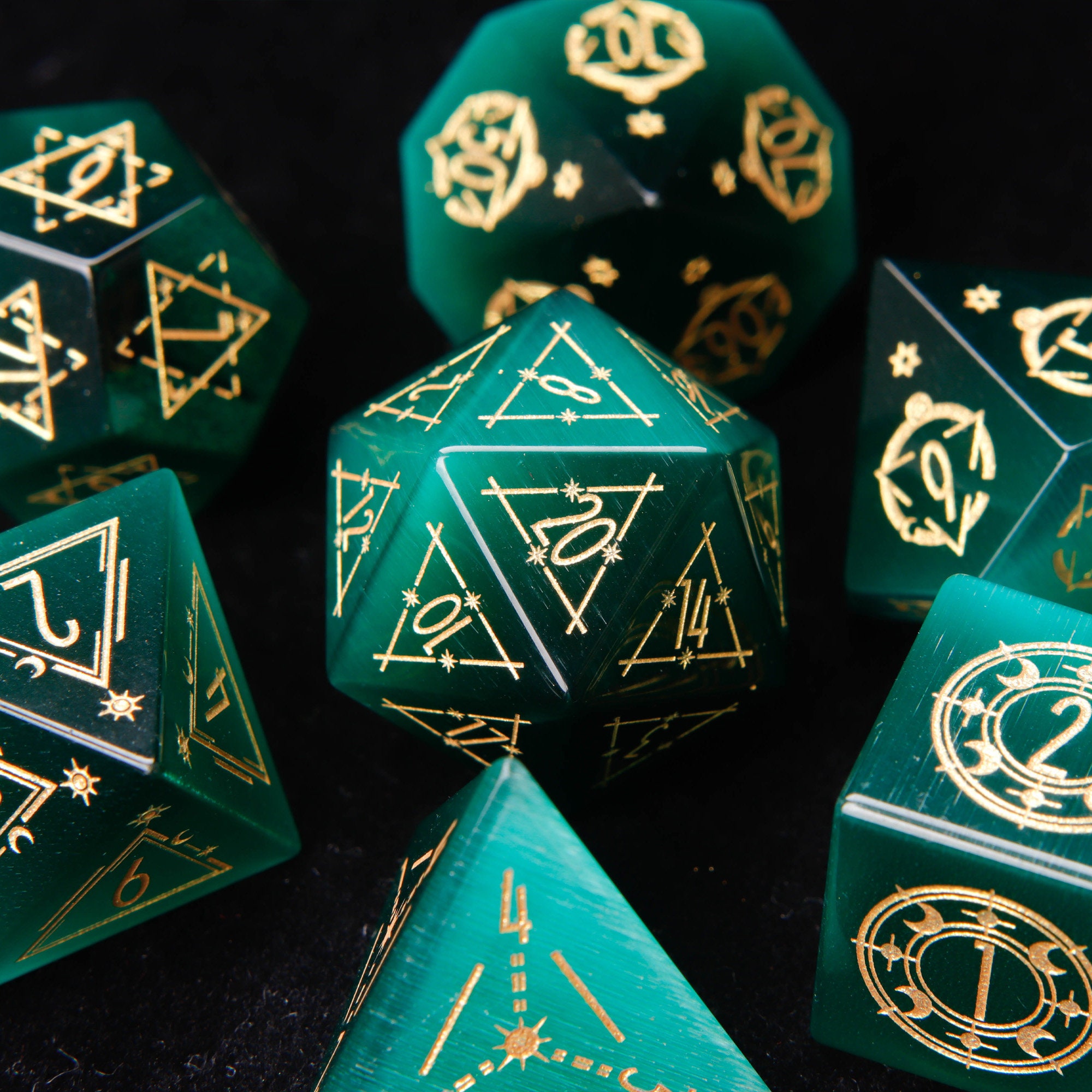 Dark Green DND Dice Set, Green Cat's Eye Sharp Edge D&D Dice Set, Dungeons and Dragons Polyhedral RPG Gemstone Dice Set