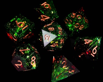 Green Red Lightning DND D20 Dice, Resin Sharp Edge Dice Set, D&D Dice Set for Dungeons and Dragons, Blue Polyhedral Dice Set