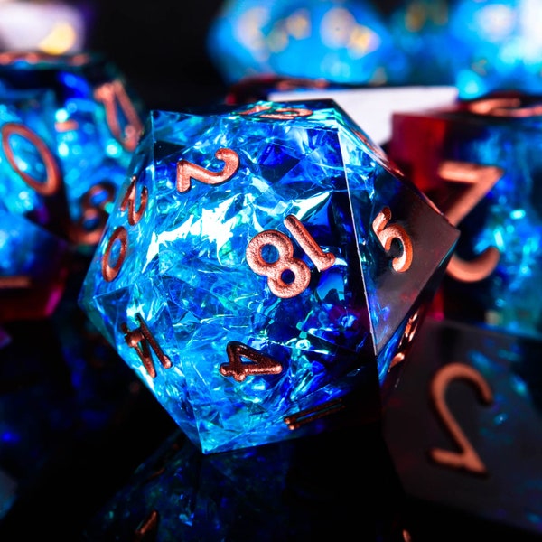 Blauer Blitz DND D20 Würfel, Harz Scharfe Kante Würfel Set, D & D Würfel Set für Dungeons und Drachen, Blau Polyhedral Würfel Set