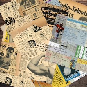 1990er bis 2000er Jahre Konzert- und Sportkarten UND Vintage 1950er Jahre Comic-Buch-Werbe-Collagen - Digitale Downloads - Echte Tickets und Comics - Ephemera