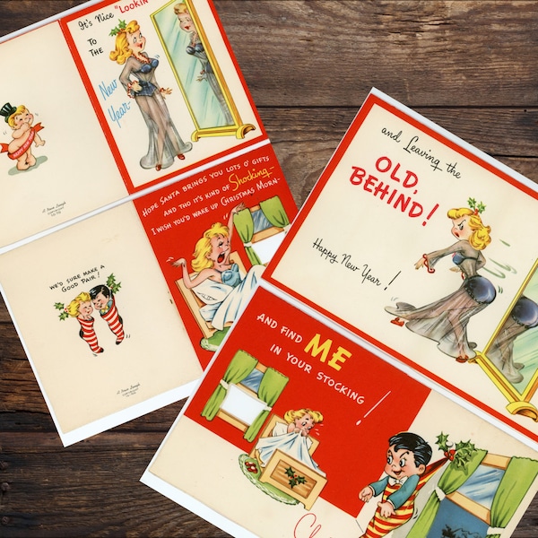 EIGHT! 1940s Vintage Christmas Cards that are a little bit cheeky! Digital Download X-MAS Cards ready to be printed & sent for the holidays!