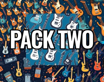 May include: Two seamless patterns featuring colorful electric guitars on a dark blue background. The top pattern has a blue background with white stars. The bottom pattern has a black background with colorful stars. The text "PACK TWO" is in the center of the image.