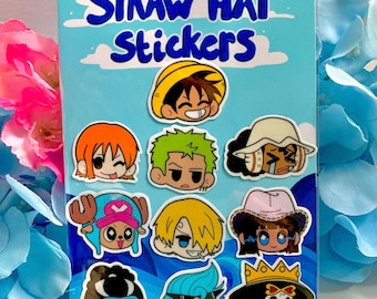May include: A sheet of Straw Hat Stickers featuring cartoon character faces. The stickers are on a light blue background with the words "STRAW HAT Stickers" in blue. The stickers include characters with yellow, green, orange, and blue hair.
