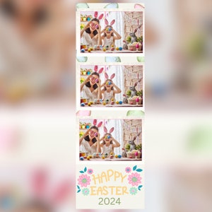 以下が含まれることがあります： ウサギの耳をつけ、イースターエッグを持った母娘の3枚の写真のコラージュ。写真は花柄の枠で囲まれ、下部に「ハッピーイースター2024」の文字が書かれている。