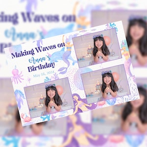 May include: A photo booth backdrop with a mermaid theme. The backdrop is decorated with a watercolor design of seashells, seaweed, and fish. The text "Making Waves on Anna's Birthday" and the date "May 16, 2024" are printed on the backdrop.
