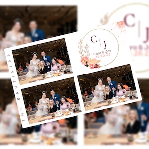 Modelo de cabine fotográfica para casamento e chá de panela | Design editável do Canva | Layout de cartão postal 4x6 | 3 espaços para fotos personalizáveis
