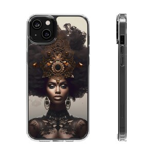 May include: A clear phone case with a design of a woman with dark brown hair wearing a gold crown and a black lace top.