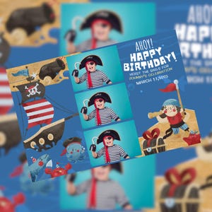 May include: Ahoy! Happy Birthday! Hoist the sails for Johnny's celebration March 17, 2025. A photo booth backdrop with a blue background, a pirate ship, a cannon, an octopus, a whale, and a crab. There are four photo strips with a child dressed as a pirate in each strip.
