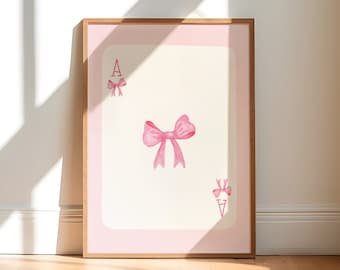 Coquette room decor, Balletcore wall art, Watercolor bow print, Pink Bow Wall art, Baby Pink Poster, Ribbon Bow art print, Ace Card