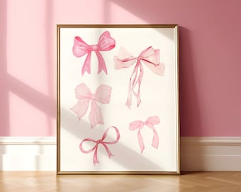 Coquette room decor, Balletcore wall art, Watercolor bow print, Pink Bow Wall art, Pastel Pink print, Baby Pink Poster, Ribbon Bow art print