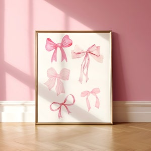 Dekoracja pokoju Coquette, Sztuka ścienna Balletcore, Wydruk kokardy akwarelowej, Sztuka ścienna Pink Bow, Wydruk pastelowego różu, Plakat Baby Pink, Wydruk artystyczny kokardy wstążkowej