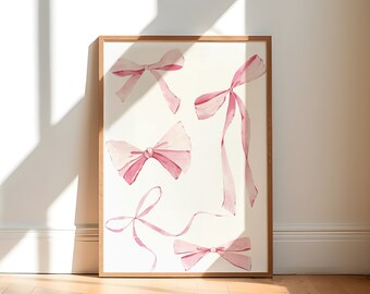 Coquette room decor, Balletcore wall art, Watercolor bow print, Pink Bow Wall art, Pastel Pink print, Baby Pink Poster