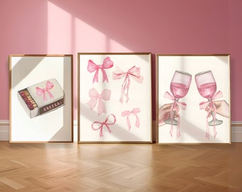 Coquette room decor, Balletcore wall art, Watercolor bow print, Pink Bow Wall art, Pastel Pink, Ribbon Bow art print, Set of 3 Prints