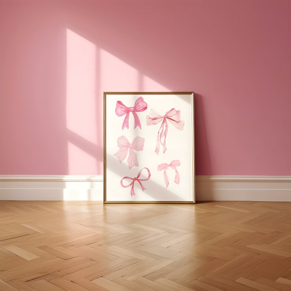 Coquette room decor, Balletcore wall art, Watercolor bow print, Pink Bow Wall art, Pastel Pink print, Baby Pink Poster, Ribbon Bow art print