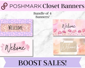May include: Four digital banner designs for a Poshmark closet. Each banner features a pink and white watercolor background with the word "Welcome" in a handwritten font. The banners are designed to boost sales.