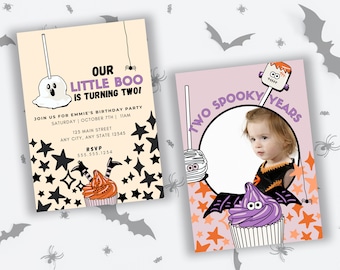 May include: Two printable Halloween birthday party invitations with a pink and orange colour scheme. The invitations feature a ghost, a mummy, a bat, and a cupcake with a bat on top. The text on the invitations reads "Our Little Boo is Turning Two!" and "Two Spooky Years".