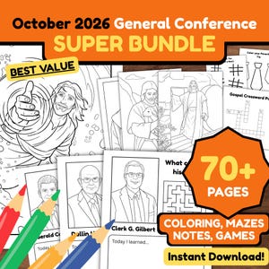 Könnte beinhalten: Ein digitales Aktivitätspaket mit dem Titel October 2026 General Conference Super Bundle, das über 70 Seiten mit schwarz-weißen Malvorlagen, Labyrinthen, Spielen und Notizvorlagen mit Illustrationen religiöser Figuren und Anführer enthält.