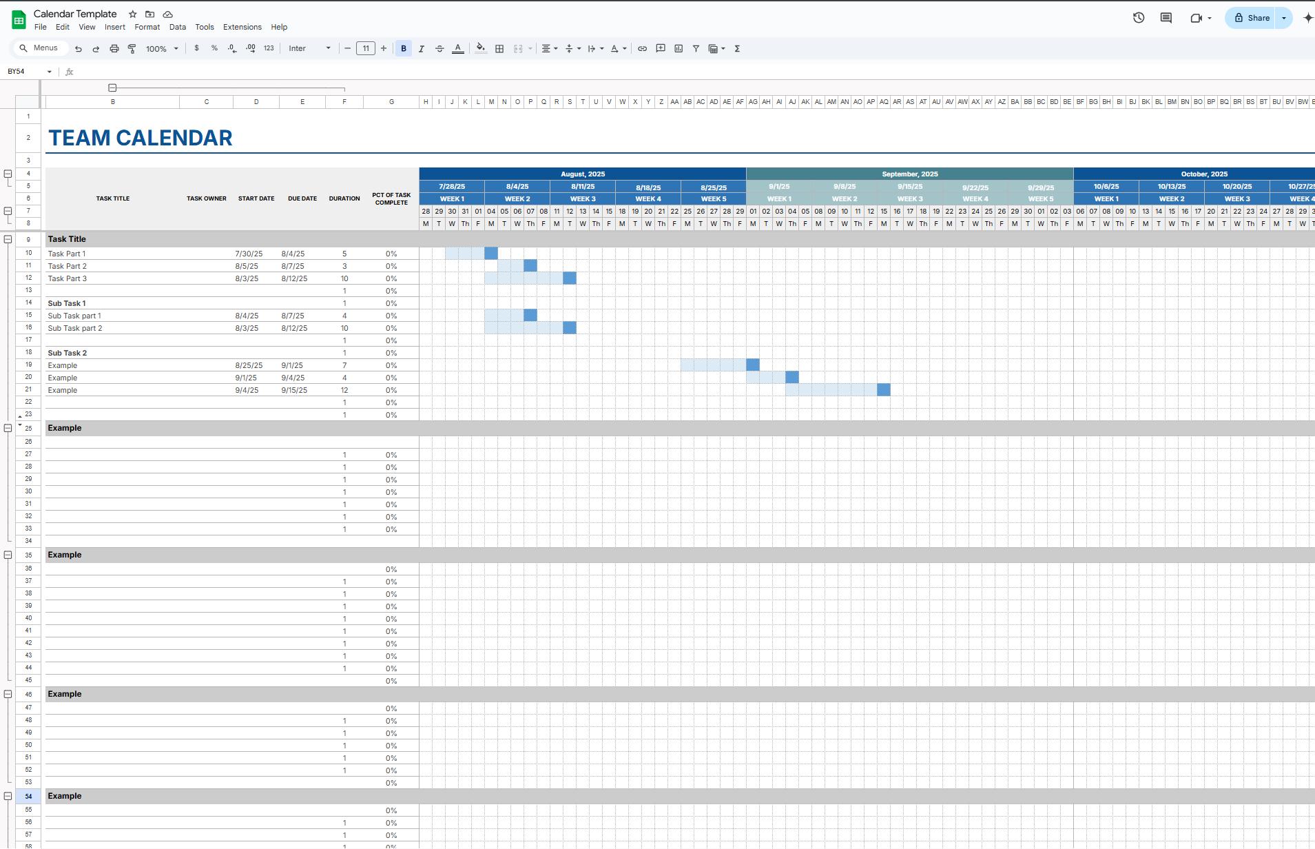 Project Calendar and Task Tracker | Dynamic Timeline With Percent ...