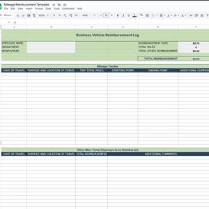 May include: A digital spreadsheet titled "Mileage Reimbursement Template" with a green and blue color scheme. The document includes sections for employee information, mileage tracking, and other travel expenses. The spreadsheet is designed for business vehicle reimbursement.