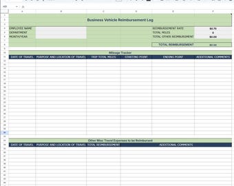 Pode incluir: Uma folha de cálculo digital intitulada "Modelo de Reembolso de Quilometragem" com um esquema de cores verde e azul. O documento inclui seções para informações do funcionário, rastreamento de quilometragem e outras despesas de viagem. A planilha é projetada para reembolso de veículos comerciais.