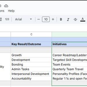 May include: A screenshot of a spreadsheet titled "Objectives & Key Results (OKR) Template." The spreadsheet has columns for Objective, Category, Key Result/Outcome, Initiatives, Owner, and Priority. The first row is labeled "Team & Culture."