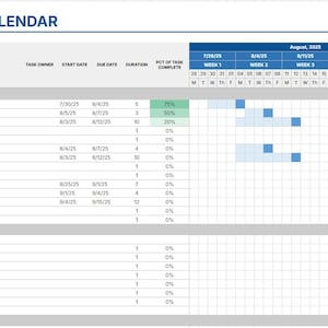 May include: A team calendar spreadsheet with the title "TEAM CALENDAR" in blue. The calendar displays task titles, start and due dates, and progress percentages. The calendar includes a timeline for August 2025.