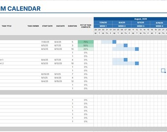 Project Calendar and Task Tracker | Dynamic Timeline with percent Complete, Owners & Duration (Google Sheets + Excel)