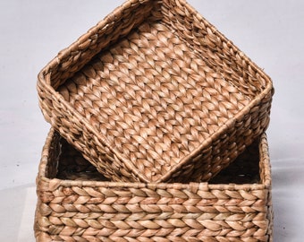 Wasserhyazinthe Quadratischer Korb - 100% natürlich und Wasserhyazinthenkorb Rattan Lagerung Wicker Lagerung Natürlicher Korb - 2er-Set