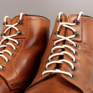 Peut inclure: Gros plan sur deux bottes en cuir marron avec des lacets blancs. Les bottes ont un design classique avec des œillets métalliques et une construction cousue. Le cuir a un aspect riche et texturé.