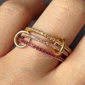 Rose Gold and Yellow Gold Linked Rings | Crystal Stacked Interlocked Ring Bands | Interconnected Band Loop Linked Rings