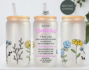 Best Friend 16oz Frosted Glass Iced Coffee Can With Bamboo Lid And Straw Gift Idea For Best Friend Birthday Gift For Her To My Bestie Libbey