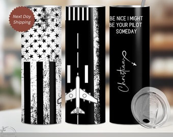 Personalized Pilot Gift 20oz Skinny Tumbler With Lid And Straw, Custom Aviation Gift, Student Pilot Travel Mug With Name, Pilot To Go Cup.