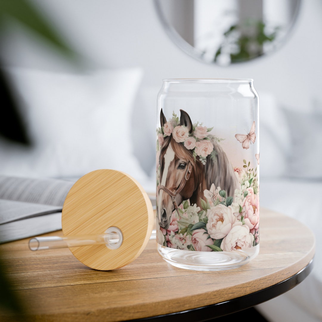 Custom 16 Oz Libbey Glass Can Floral Horse Tumbler With Bamboo Lid ...