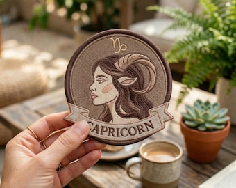 Capricorn Embroidered Patch Zodiac Sign Earth Tone Astrology Gift Vintage Embroidery Badge Horoscope Birthday Gift